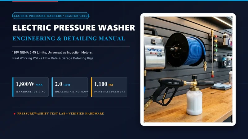 Electric pressure washer engineering guide showing wall mount detailing rig setup